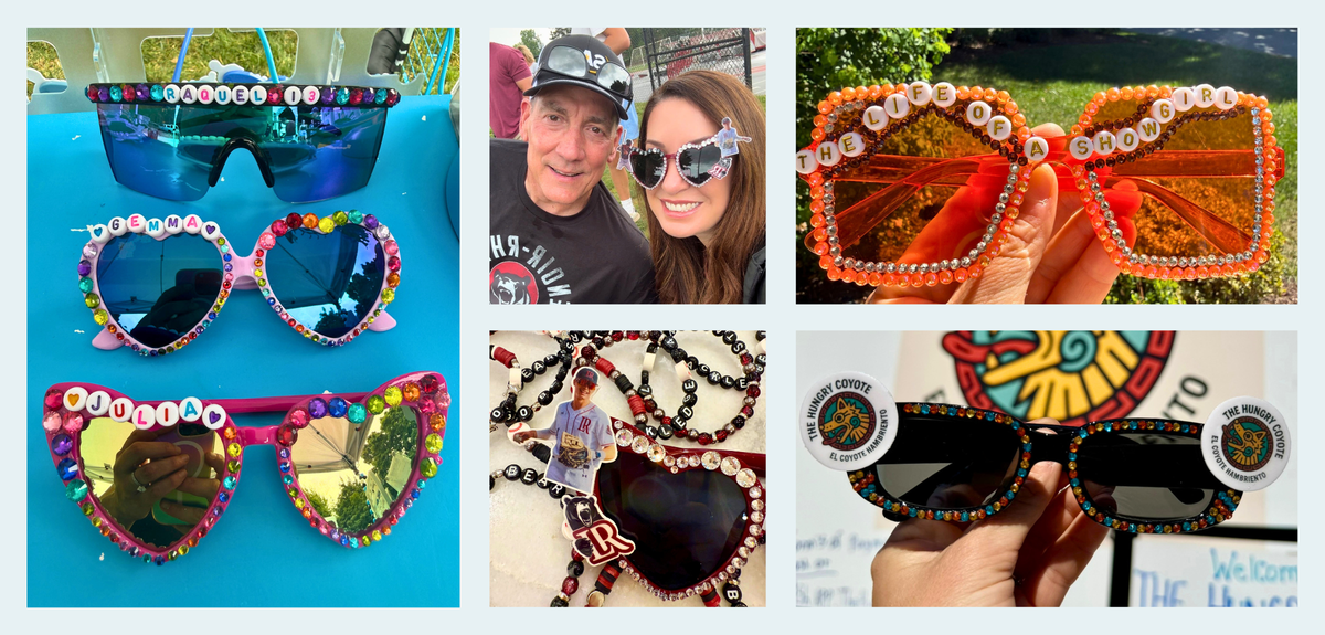 A collage of five photos showcasing highly customized, heavily embellished sunglasses. The sunglasses feature colorful rhinestone borders, decorative beads spelling names, and various colorful lenses, shown in different settings including on a tabletop, being worn by a couple, held in a hand, and close-ups of the details.