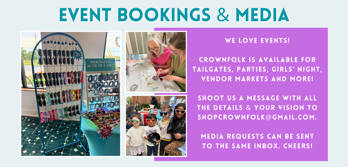 Promotional graphic for Crownfolk Event Bookings & Media, featuring a blue display rack filled with keychains on the left, three small photos of children and adults interacting on the middle, and purple text on the right inviting event details and media requests.