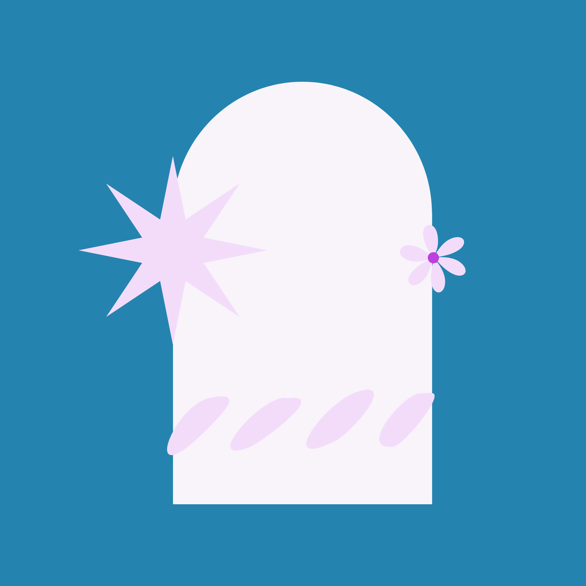 Abstract design with a white arch, purple star, and flowers on a blue background