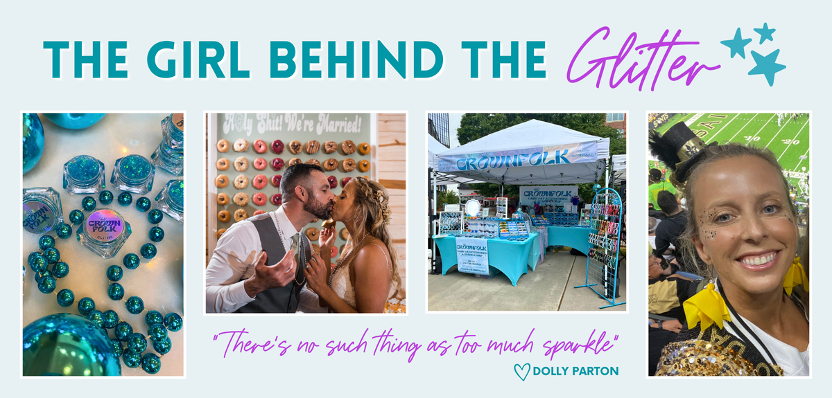 A promotional collage with the headline 'THE GIRL BEHIND THE Glitter' and a quote, featuring four photos: teal glitter beads, a couple kissing in front of a donut wall, a pop-up market booth, and a smiling woman wearing glitter face paint.