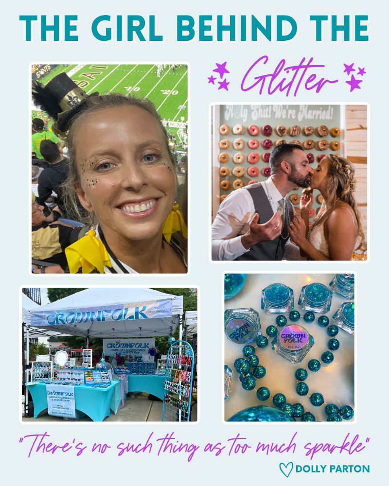 A promotional collage with the headline 'THE GIRL BEHIND THE Glitter' and a quote at the bottom. The layout contains four photos: a smiling woman with face glitter, a couple kissing in front of a wedding-themed wall, a pop-up canopy booth labeled 'CROWNFOLK,' and close-up shots of teal glitter beads and jars.